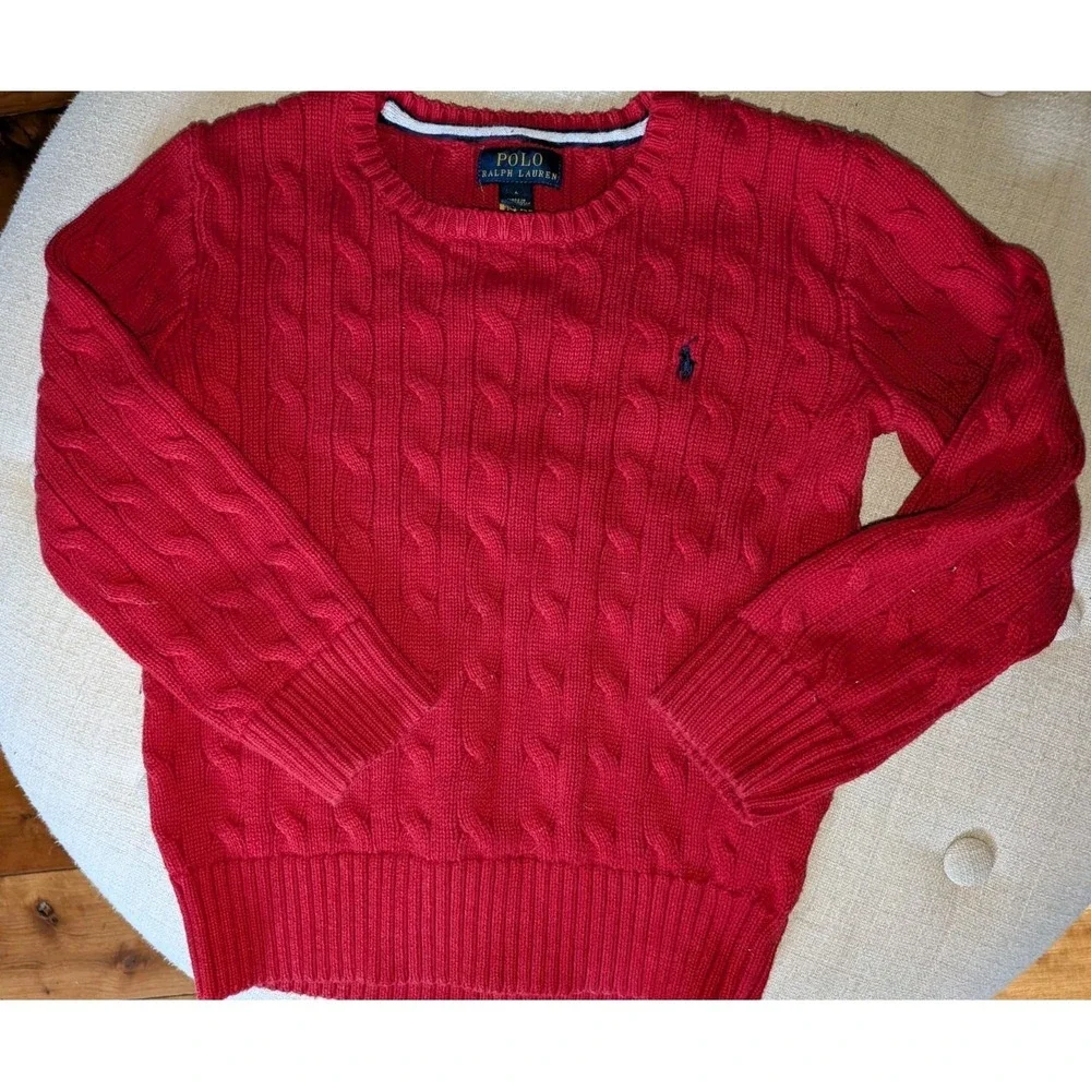 Size:6 Boy's Polo Ralph Lauren Red Cotton Cable Knit Sweater